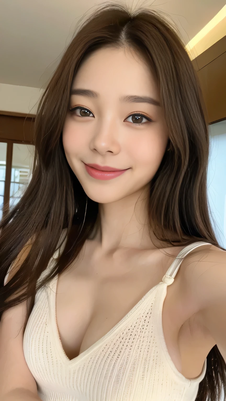 Full body angle、((highest quality, 8K, masterpiece:1.3)), concentrated:1.2, Perfect body beauty:1.4, Hips:1.2, ((Delicate Hair)), (Colorful T-knit Razor Tank Top for Women、 :1.1) , ((highest quality、8K、masterpiece:1.3))、1 Girl、A sloppy smile、Esbian all over、Slim face、Big 、Beautiful woman、(Dark Brown Hair)、Long Hair、1.1、Flickering Valley、Detailed eyes、double eyelid、Blurred Background、超Slim face、Smile、Looking down、