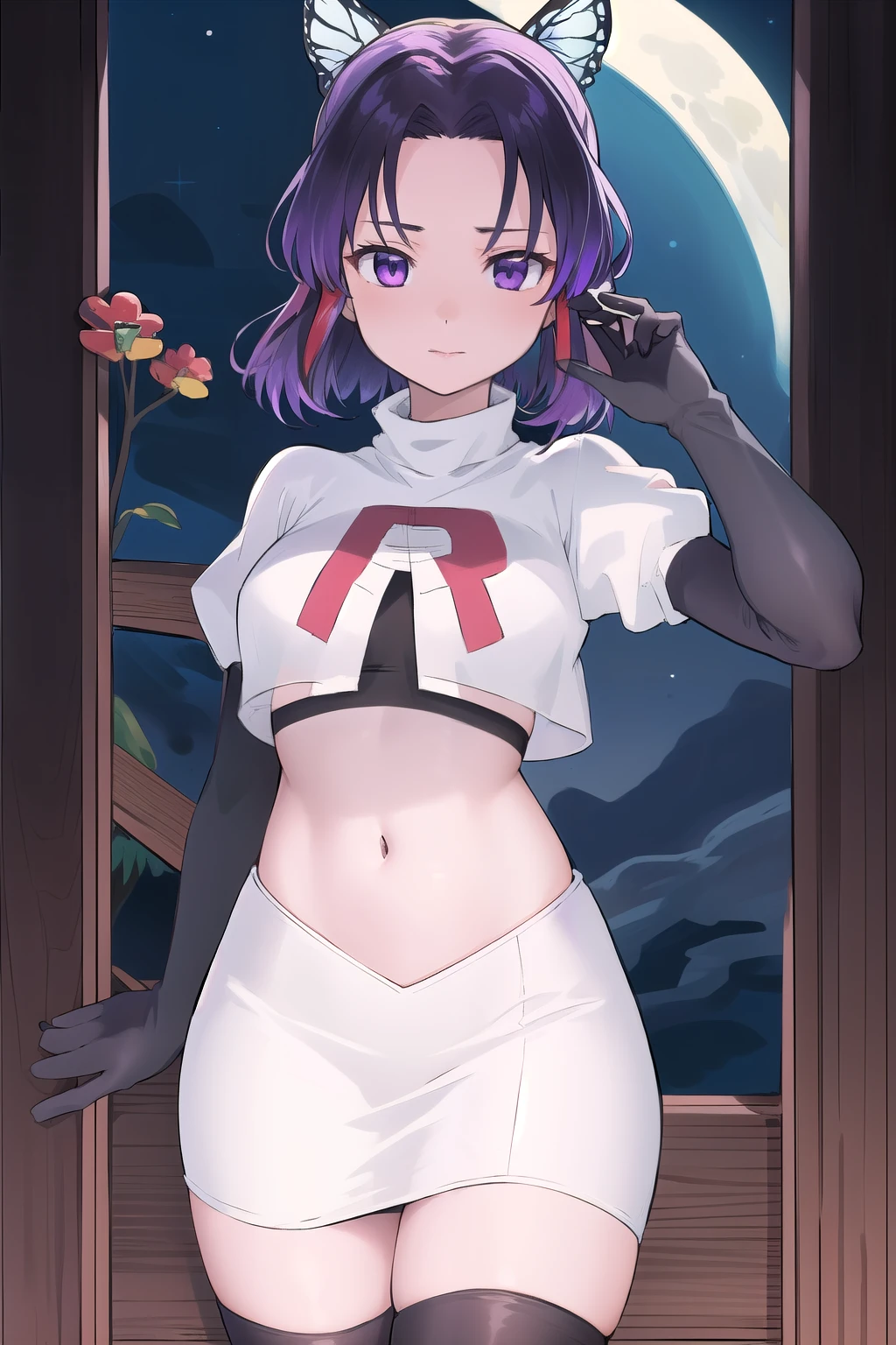 masterpiece, best quality, highres, 1girl, solo, kochou shinobu, butterfly hair ornament, purple eyes, multicolored hair, short hair, parted bangs, team rocket,team rocket uniform,white skirt,red letter R,crop top,black thigh-highs,black elbow gloves, cowboy shot, forest, night, moon