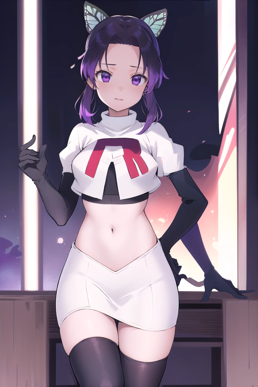 masterpiece, best quality, highres, 1girl, solo, kochou shinobu, butterfly hair ornament, purple eyes, multicolored hair, short hair, parted bangs, team rocket,team rocket uniform,white skirt,red letter R,crop top,black thigh-highs,black elbow gloves, cowboy shot, forest, night, moon