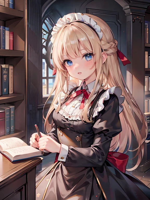 masterpiece, highest quality, Very detailed, 16k, Ultra-high resolution,  girl, Detailed face, blue eyes, Blonde, Braid, Red ribbon on head, Black maid outfit, Western-style building, libraryai, Bookshelf, Holding many books