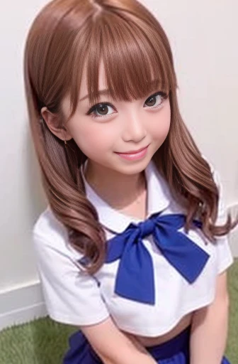 One girl, alone, masterpiece, highest quality,
The Irregular at Magic High School, mitsui honoka, Honoka Mitsui, Purple eyes, Brown Hair, Medium Hair, Twin tails, low Twin tails, Swept-apart bangs, , serafuku, clavicle, Sailor collar, blue Sailor collar, neckerchief, red neckerchief, No sleeve, No sleeve shirt, White shirt, Bare arms, Crop top, Crop top overhang, Cropped shirt, Skin dents, chestの谷間, Tight clothes, large chest, abdomen, belly button, skirt, blue skirt, miniskirt, pleated skirt, Knee socks, zettai ryouiki, loafers, chest,
wariza, Sitting, Put your hands on your knees, From above, look up, View Viewer,
blush, smile,
Outdoor, Grass