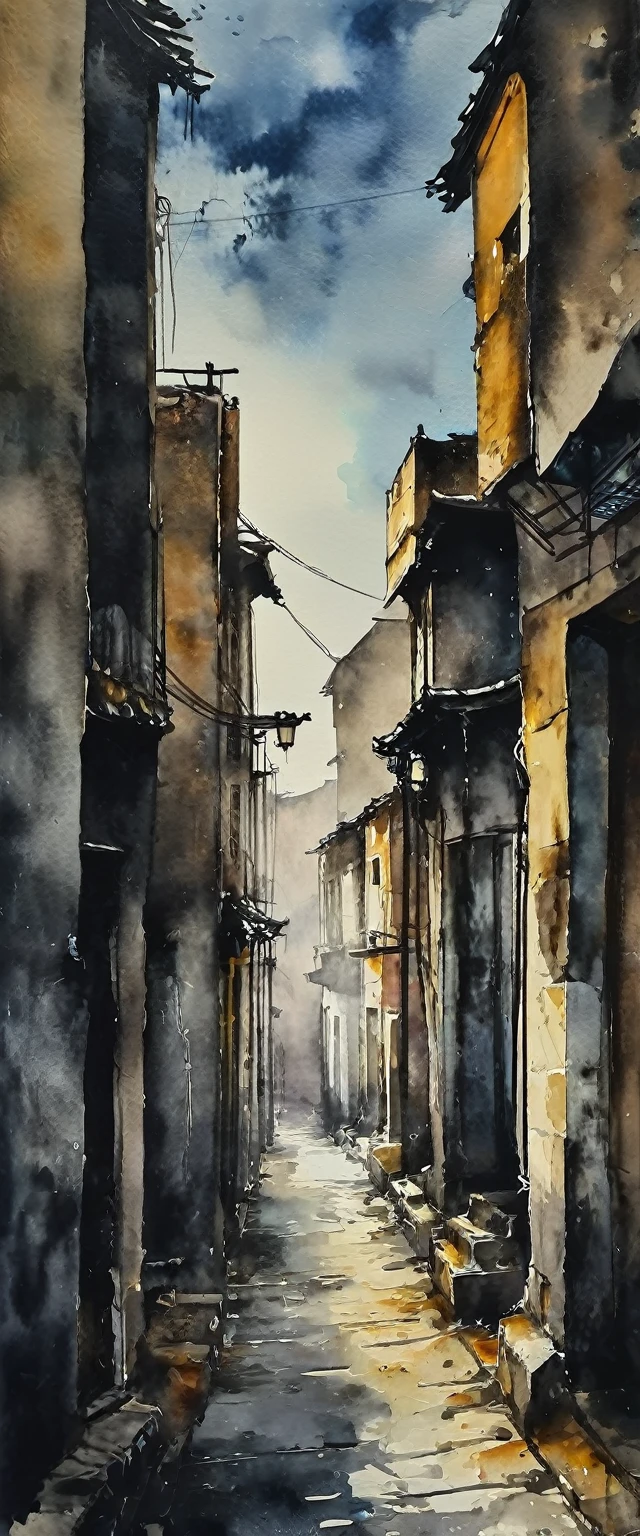 ((watercolor)), landscape, Blurred, ennui, cloudy, Jet Black, Dark Sky, China, Residential Street, Village, danger, (Senior), (Intensive), Light does not reach, Alley, Foggy, Loneliness, Shabby, Dim, daily, Hidden Beauty, shadow, old, Hazy, Silence, decline, (narrow street), Lonely, Devastation, Shadow of the City, melancholy, Loneliness, nostalgia, 
