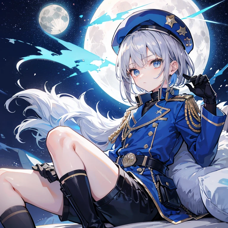 Blue military uniform　Shota　10 year old boy　Hair color is silver　Eye color: blue　Short hairstyle　Shorts　night　The moon is visible and the stars are shining　people数は１people　beret　Gloves up to the wrist　The gloves are black　１peopleの少年