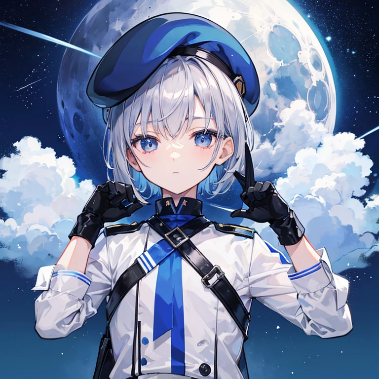 Blue military uniform　Shota　10 year old boy　Hair color is silver　Eye color: blue　Short hairstyle　Shorts　night　The moon is visible and the stars are shining　people数は１people　beret　Gloves up to the wrist　The gloves are black　１peopleの少年