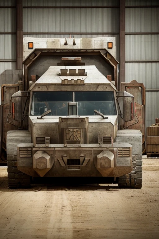 a long armored truck, with the design and appearance of a long worm, inside a large warehouse, seen from the left side, 4k photo style