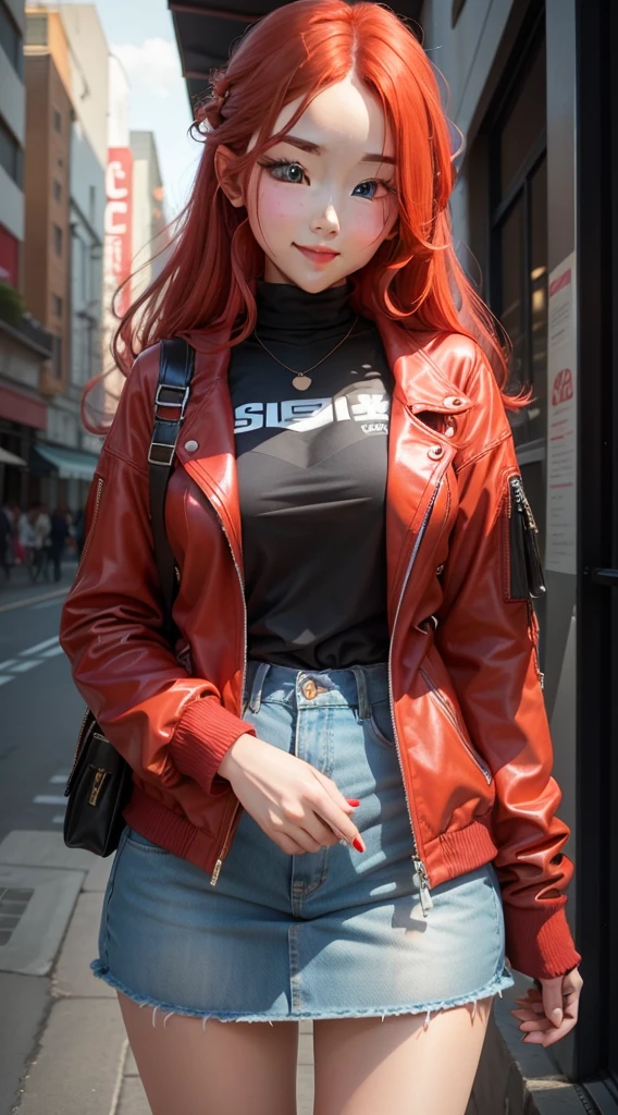Subculture girl。save。Gorgeous clothes。Red hair。Have a camera。Looking at the camera。a smile。front。