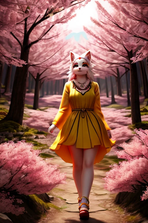 Okami Amanterasu diosa del sol furry, con un hermoso vestido, walking in a forest with cherry trees, con un hermoso paisaje, beautiful and cute furry, HD 3D 4K
