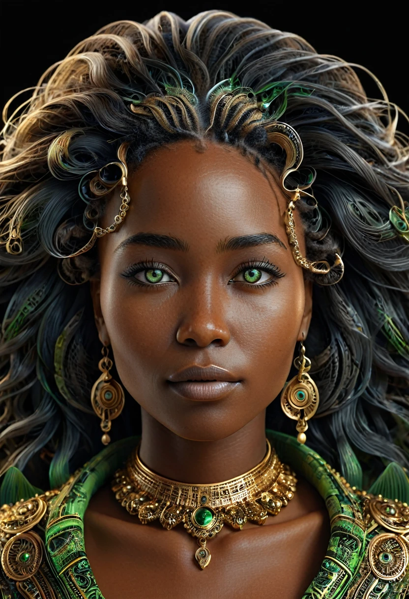 (((Femme noir africaine, peau couleur noir profond intense et profond, peau parfaite, en mouvement, marche, full body, cheffe d’entreprise, engineer, intelligente, directrice, scientifique))), ((best quality, extremely detailed:1.8, hyperRéaliste:1.5, photorealistic:1.5, grande profondeur de champ, vue de face, very beautiful 35 year old woman, Prise de vue en direct, robe tailleur de directrice)), ((femme debout, she has a serious pose, very long hair, black hair with gold and shiny green highlights, quelques mèches tressées, tresses africaine)), ((detailed black african woman face looking at camera, yeux verts claire électrique, cheffe d’entreprise, feline silhouette)), (photorealistic), sharp eyes, poitrine push-up, very thin waist, jambes longues, longues jambes, fine and detailed hands, detailed hairstyle, very long hair, femme charismatique, charisme, charismatique, sparkling eyes, cheffe d’entreprise, engineer, intelligente, directrice, scientifique,