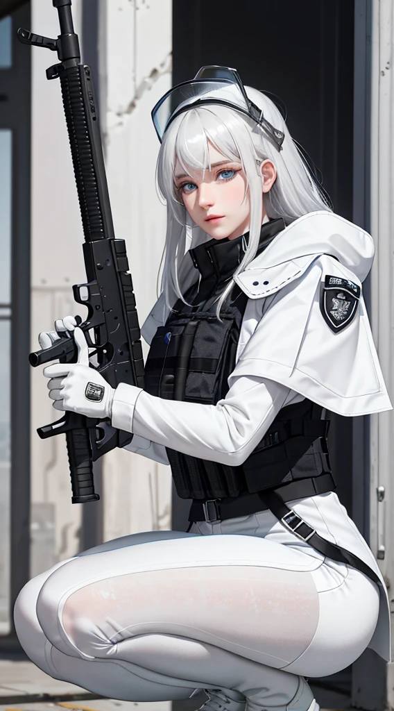white hair, Tactical helmets, Tactical Vest, Handheld, masterpiece, Best quality, emphasize, 1 Girl, solo, Long gray hair, blue eyes, white hair, Messy long hair, Black gloves, white pantyhose, , Black leggings, Short sleeve, shooting, With weapons,, Squat,