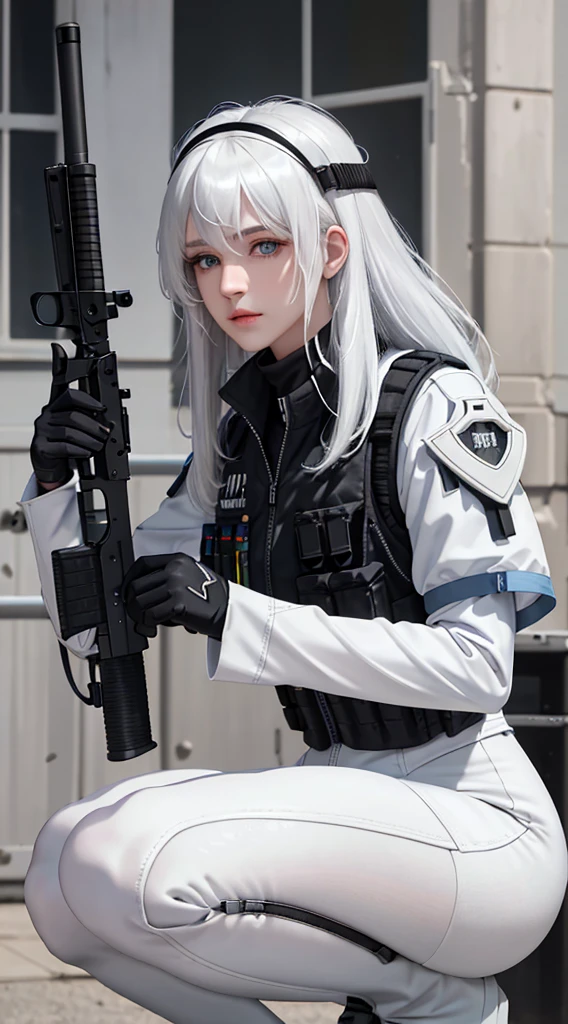 white hair, Tactical helmets, Tactical Vest, Handheld, masterpiece, Best quality, emphasize, 1 Girl, solo, Long gray hair, blue eyes, white hair, Messy long hair, Black gloves, white hose, , Black leggings, Short sleeve, shooting, With weapons,, Squat,