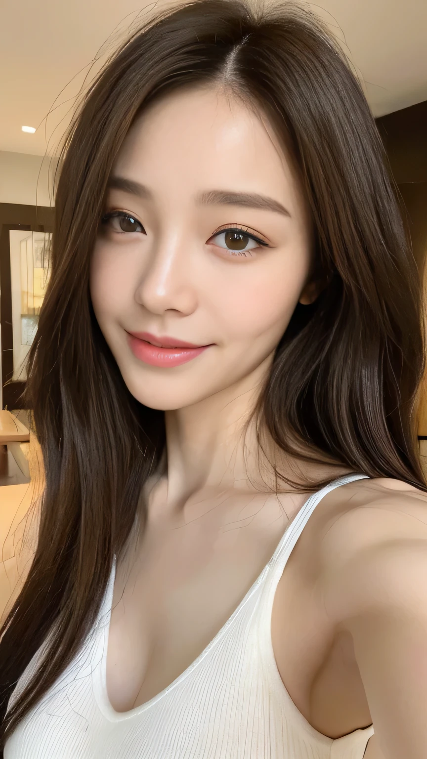 Full body angle、((highest quality, 8K, masterpiece:1.3)), concentrated:1.2, Perfect body beauty:1.4, Hips:1.2, ((Delicate Hair)), (Colorful T-knit Razor Tank Top for Women、 :1.1) , ((highest quality、8K、masterpiece:1.3))、1 Girl、A sloppy smile、Esbian all over、Slim face、Big 、Beautiful woman、(Dark Brown Hair)、Long Hair、1.1、Flickering Valley、Detailed eyes、double eyelid、Blurred Background、超Slim face、Smile、Looking down、