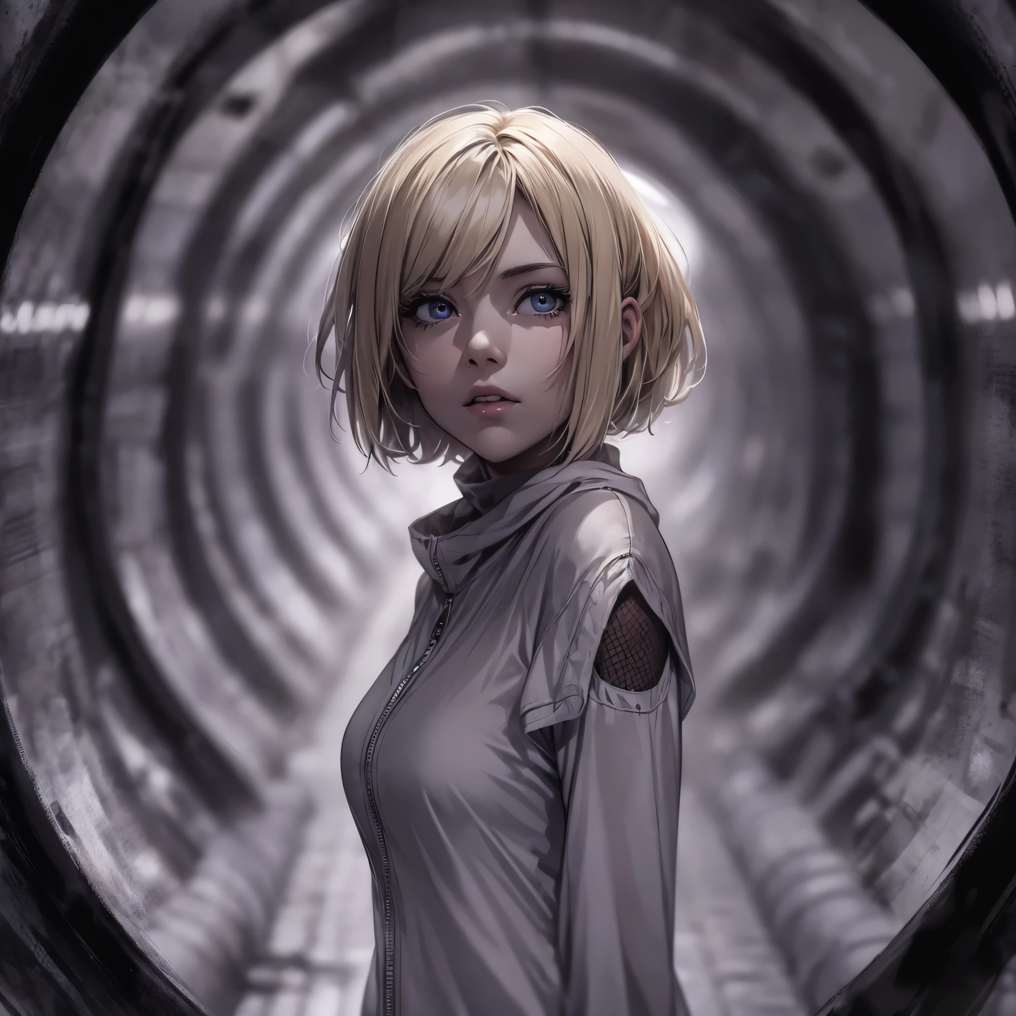 ((20-year-old woman,Blonde short bob hair,She is walking through an huge tunnel in the Uneasy atmosphere world)),inside the monochrome world,the monochrome tunnels,There are monsters in the tunnel s,Uneasy atmosphere,