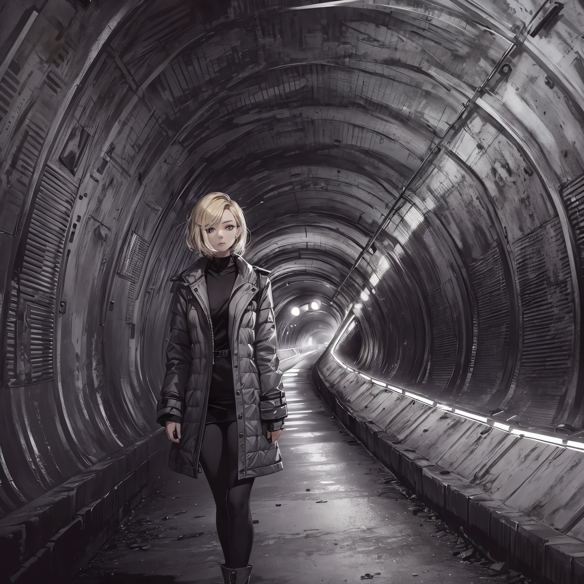 ((20-year-old woman,Blonde short bob hair,She is walking through an huge tunnel in the Uneasy atmosphere world)),inside the monochrome world,the monochrome tunnels,There are monsters in the tunnel s,Uneasy atmosphere,