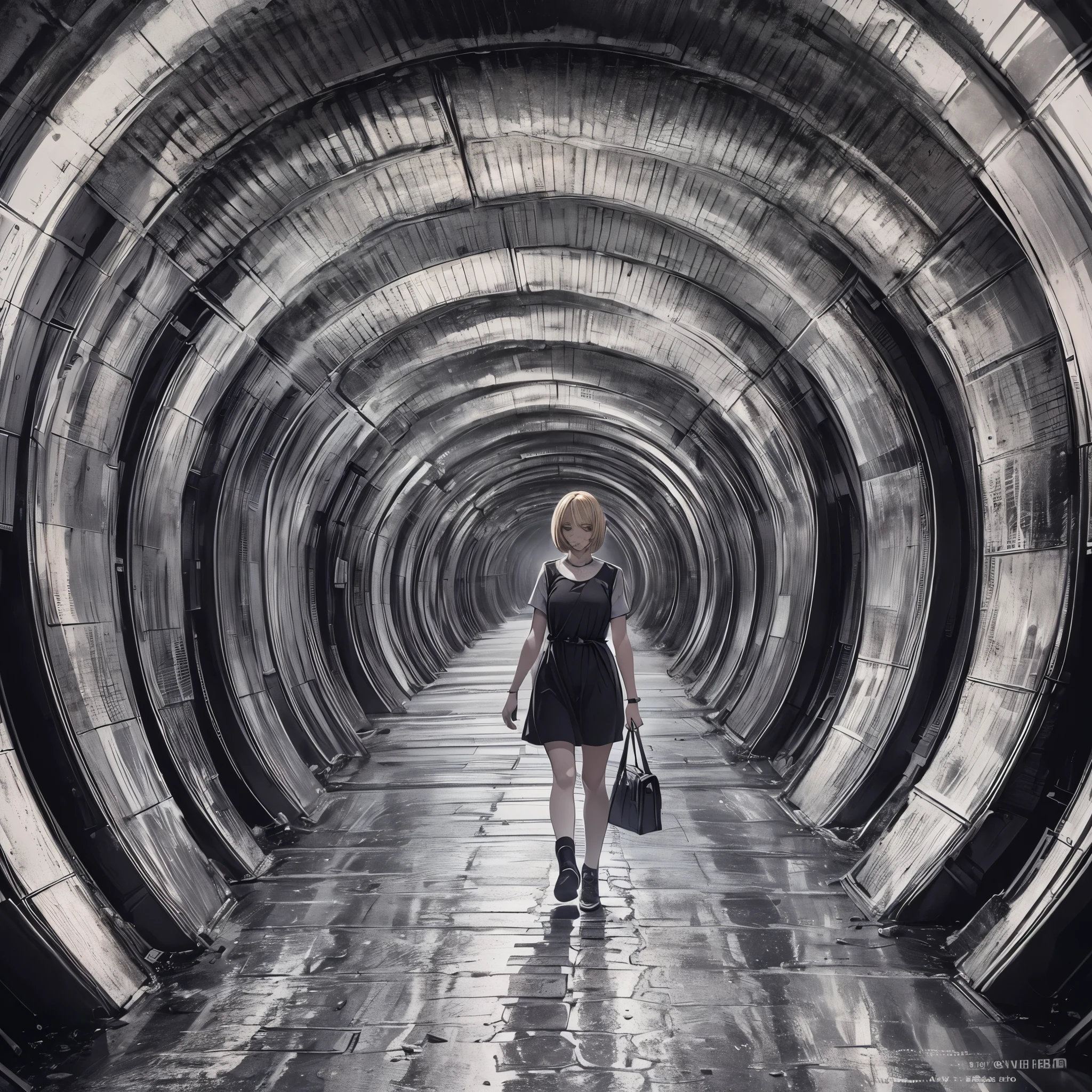 ((20-year-old woman,Blonde short bob hair,She is walking through an huge tunnel in the Uneasy atmosphere world)),inside the monochrome world,the monochrome tunnels,There are monsters in the tunnel s,Uneasy atmosphere,