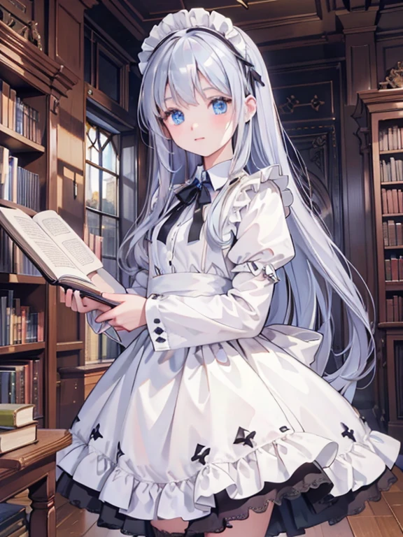 masterpiece, highest quality, Very detailed, 16k, Ultra-high resolution, 12 year old girl, Detailed face, blue eyes, Silver Hair, Long Hair, Black maid outfit, Western-style building, libraryai, Bookshelf, Holding many books