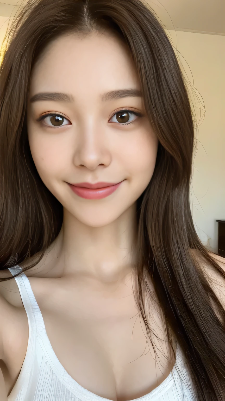 Full body angle、((highest quality, 8K, masterpiece:1.3)), concentrated:1.2, Perfect body beauty:1.4, Hips:1.2, ((Delicate Hair)), (Colorful T-knit Razor Tank Top for Women、 :1.1) , ((highest quality、8K、masterpiece:1.3))、1 Girl、A sloppy smile、Esbian all over、Slim face、Big 、Beautiful woman、(Dark Brown Hair)、Long Hair、1.1、Flickering Valley、Detailed eyes、double eyelid、Blurred Background、超Slim face、Smile、Looking down、