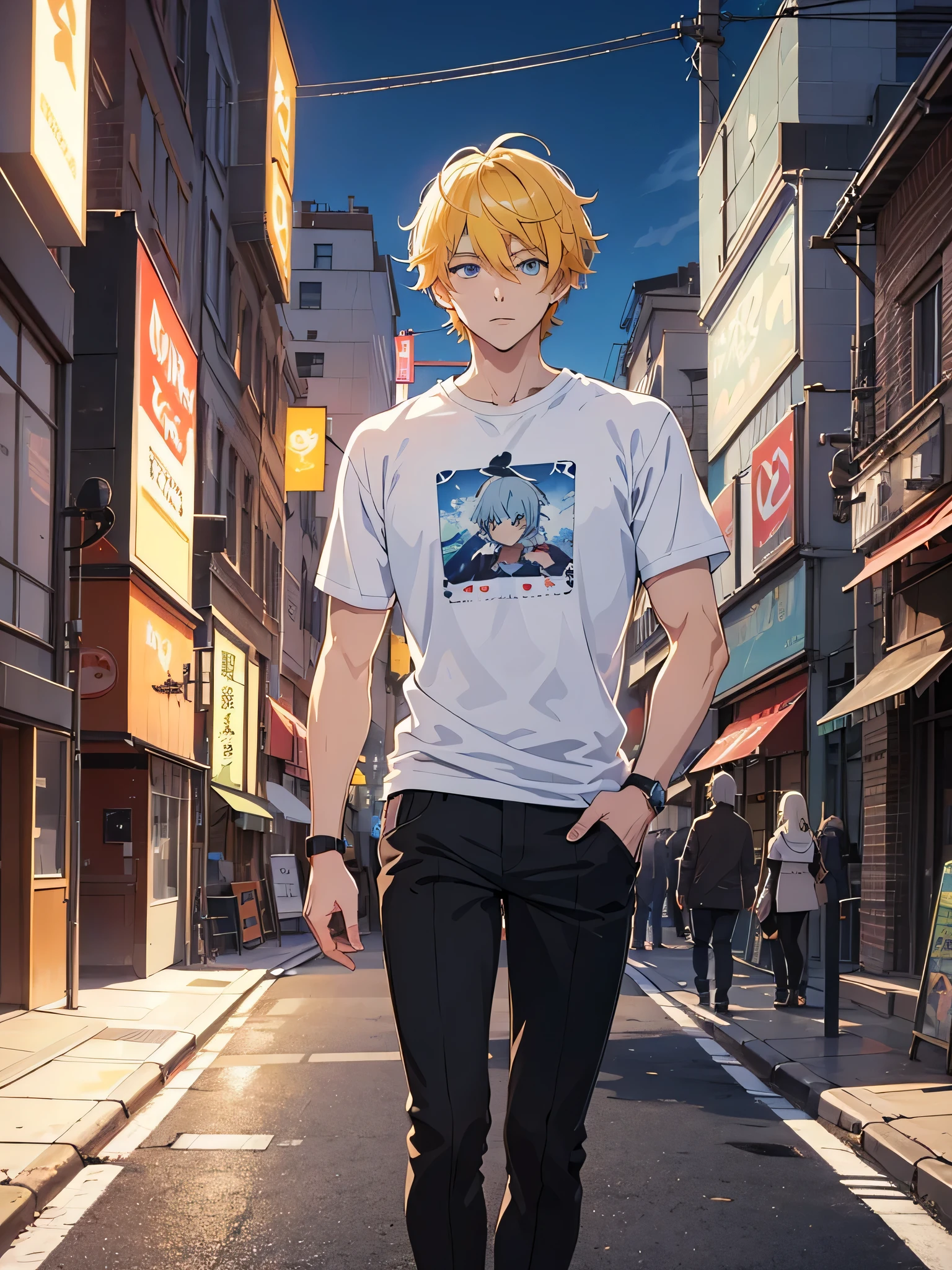 White haired blue eyed anime boy in the city, Enchanting anime boy, T-Shirts, perfect Yellow Haired Girl, Yellow Haired Boy, Detailed digital anime art, Handsome Anime Boy, Anime Style 4k, anime art wallpaper 8k, Beautiful and attractive anime man, Advanced Digital Animation Art, Handsome Anime men, 4k anime wallpaper, anime art wallpaper 4k, Yrllow Hair, orange light sign, Large LED Light, orange, sporty body with short hair