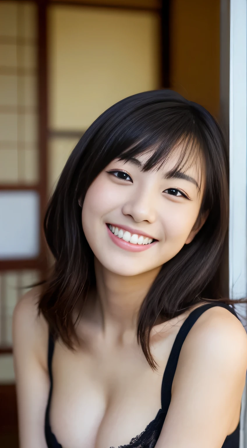 masterpiece,best quality,(Japanese ),((Beautiful girl)),cleavage,indoor,(perfect body beauty:1.2),(shy smile),beautiful teeth,