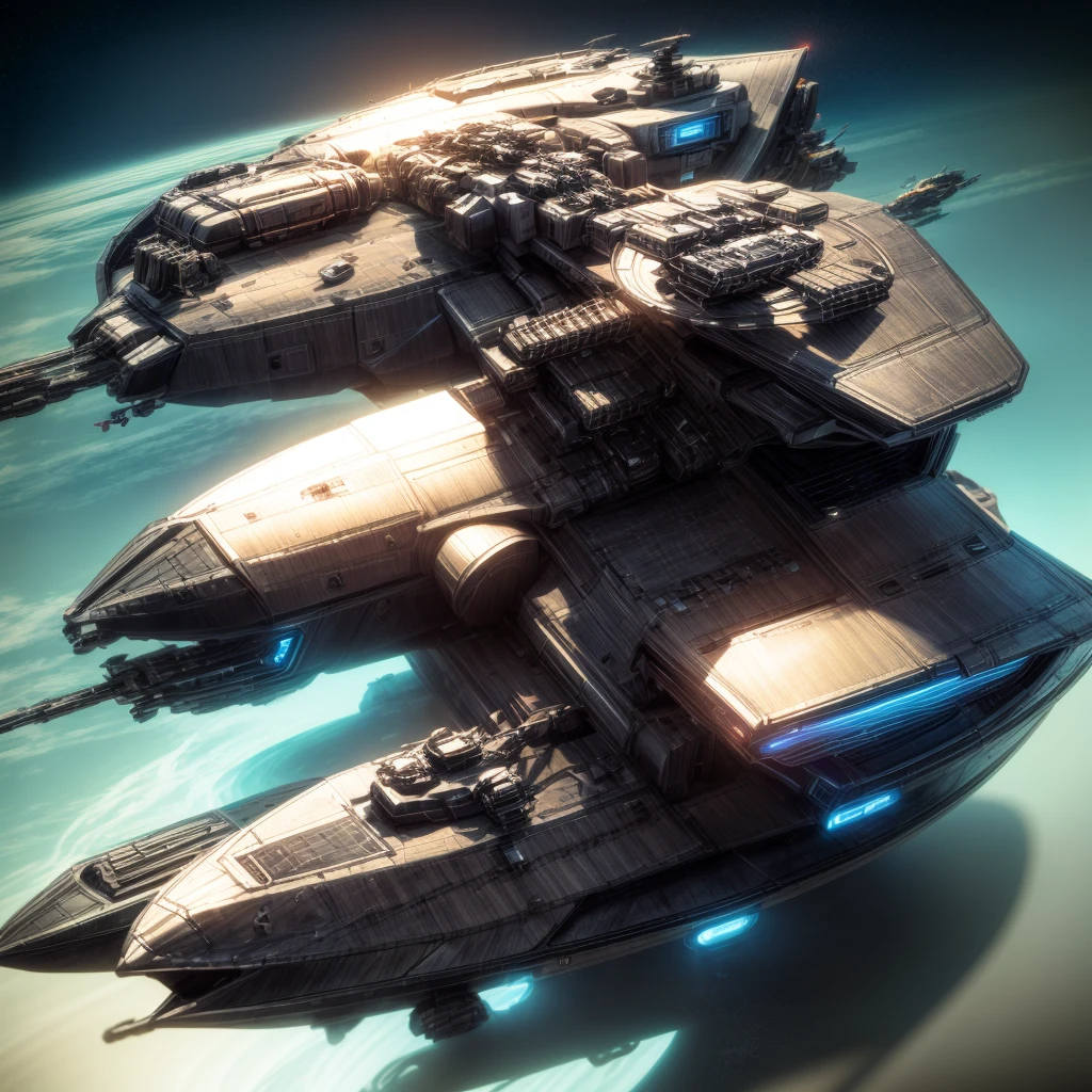 Spaceship hull top down view, with gun turrets on both sides, with photon thruster, composite plate armor, detailed game sci-fi futuristic design 