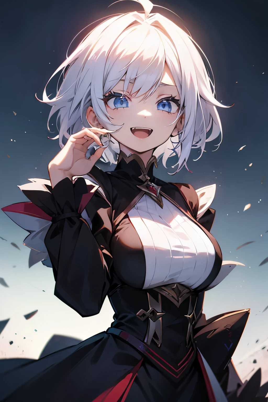 anime woman, raising hand up, messy short white hair, stoic, evil laugh