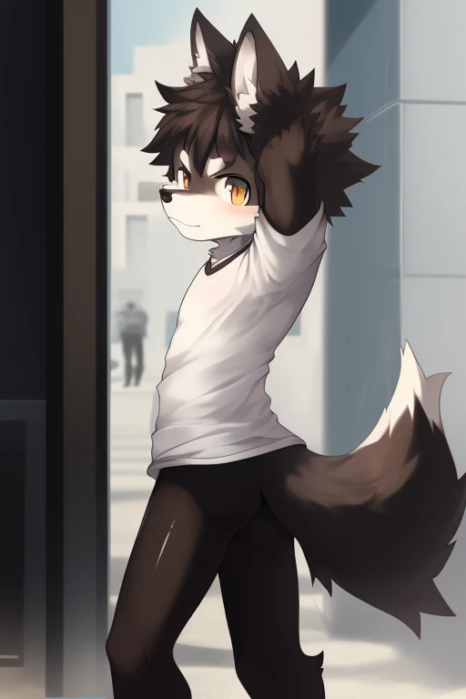 Furry, wolf,((Shota)), black spandex leggings, white shirt, solo, standing 