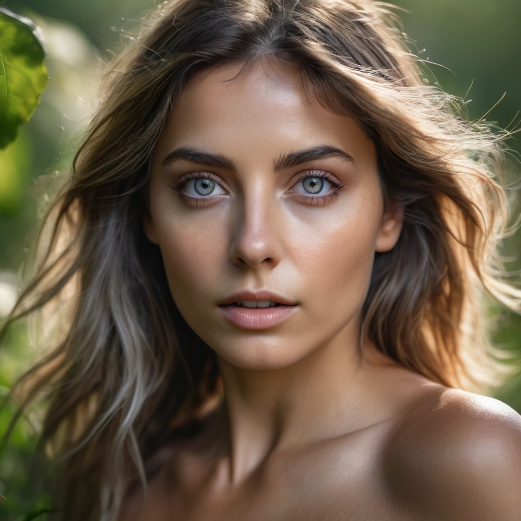 RAW photo, photography, photorealistic, 8k vibrant photograph of topless woman in wild nature, ultra detail, finely detailed, dramatic light, finely detailed beautiful eyes, detailed skin, depth of field, grey eyes