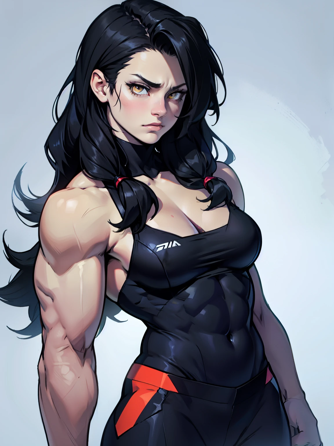 sad pale muscular girl breasts hair black hair yellow eyes extremely long hair sad