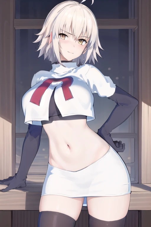 ((masterpiece, best quality,distinct image)), 1girl,solo, jeanne d'arc alter, large breasts, ahoge,looking at viewer, cowboy shot, team rocket,team rocket uniform,white skirt,red letter R,crop top,black thigh-highs,black elbow gloves