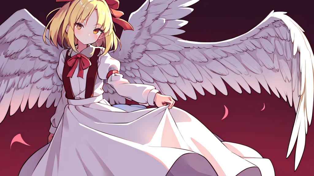 masterpiece, best quality, 1girl, solo, 10 years old, medium blonde hair, forehead visible bangs, hair flaps, ribbon on head, well-formed face, blonde eyes, angel girl, standing collar, nehru collar, white blouse, long sleeves, red ribbon, angel wings, red thick suspenders, long white skirt, long maxi-skirt, very long skirt, wide shot, full body shot, simple background