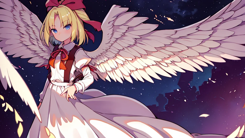 masterpiece, best quality, 1girl, solo, 10 years old, medium blonde hair, forehead visible bangs, hair flaps, ribbon on head, well-formed face, blonde eyes, angel girl, standing collar, nehru collar, white blouse, long sleeves, red ribbon, angel wings, red thick suspenders, long white skirt, long maxi-skirt, very long skirt, wide shot, full body shot, simple background