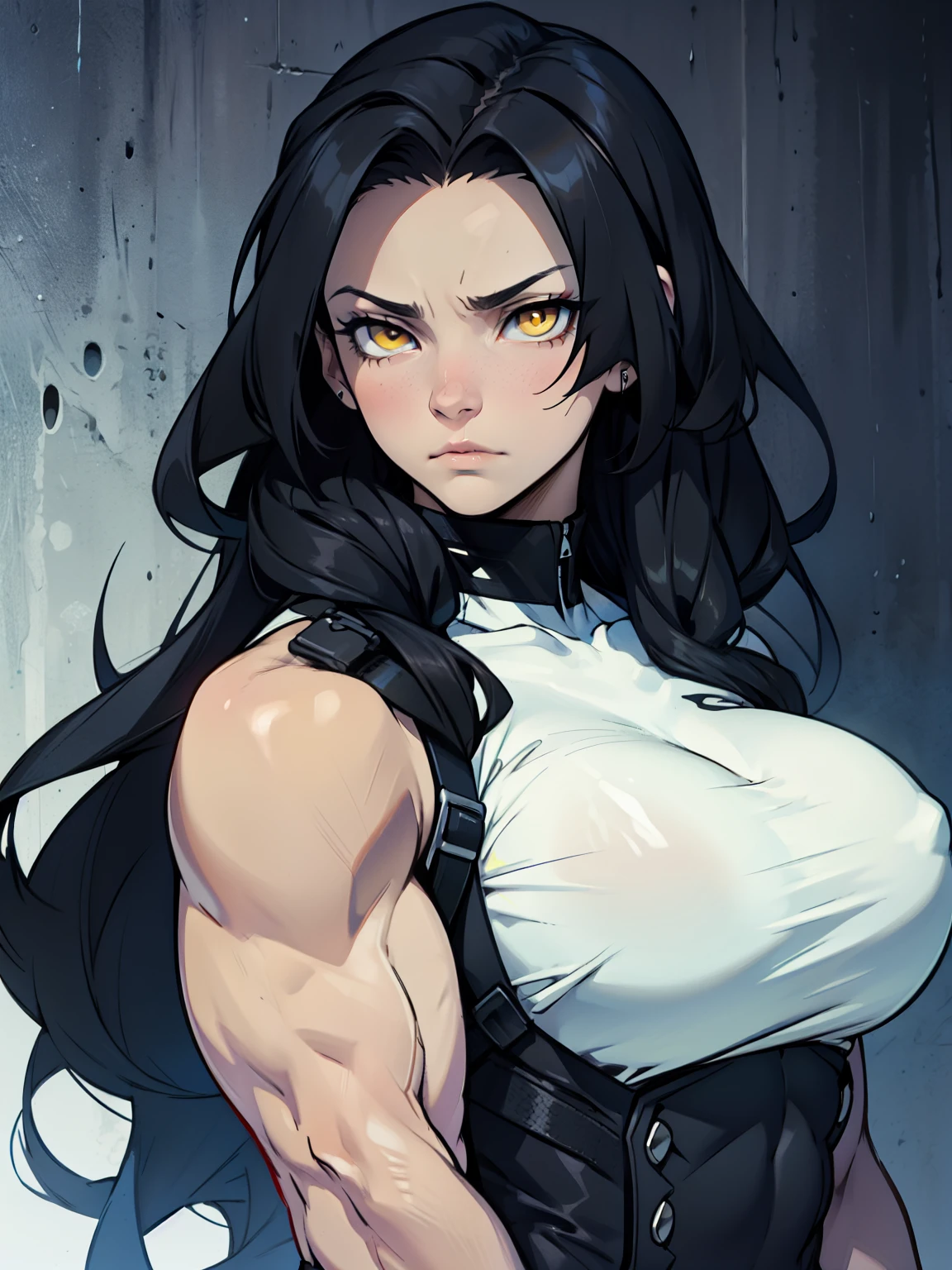 sad pale muscular girl breasts hair black hair yellow eyes extremely long hair sad