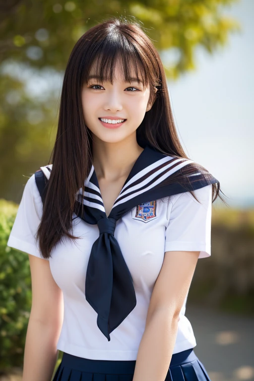 8K Raw Photos, highest quality, masterpiece, Ultra-high resolution, 3D, Realistic, One girl, Asian, black_hair, black_Sailor_collar, length_hair, nose, School_uniform, neckerchief, Natural skin texture, light brown_eye, detailed eyes and face, lips, lipstick, smile, teeth, Beautiful feet, Huge breastss, Beautiful seaside location, (Detailed Background), Checked skirt, White shirt, Huge breasts, Blurred Background, Short sleeve