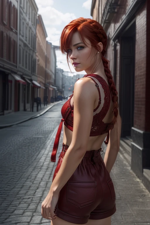 (best quality, highres:1.2, ultra-detailed, realistic:1.37), beautiful detailed eyes, fiery red short hair, braided, gazes at the viewer, cinematic pose, dramatic shadows, intense expression, vibrant colors