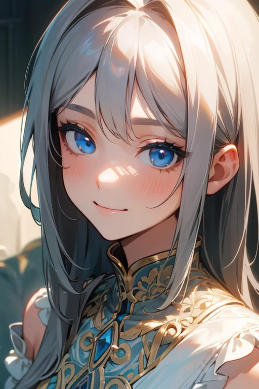 (masterpiece: 1.2, highest quality), (Actual Photos, Intricate details), 1. woman, alone, Upper Body, casual, Shoulder-length hair, Minimal makeup, Natural materials, Face close-up, smile, Home, Gray Hair, blue eyes, Shoulder Bare、優しいsmile、The face remains the same、