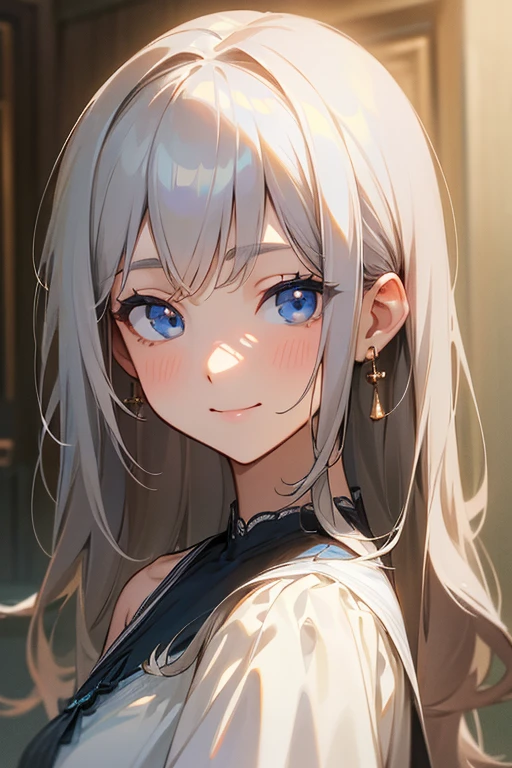 (masterpiece: 1.2, highest quality), (Actual Photos, Intricate details), 1. woman, alone, Upper Body, casual, Shoulder-length hair, Minimal makeup, Natural materials, Face close-up, smile, Home, Gray Hair, blue eyes, Shoulder Bare、優しいsmile、The face remains the same、