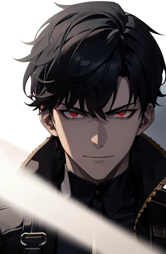 masterpiece, 8k, 32k, full hd quality, superior quality, maximum quality, play of lights and darkness, high quality shading effect, a young man, menacing look, evil countenance, red eyes, sarcastic smile, black hair, military style hairstyle, portrait, gaze fixed on the viewer and who's standing with the super natural dragon beast shadow