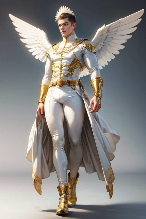 full Body photorealistic handsome Hunky Mulawin, wearing white and beige tight fit latex spandex with boots and gloves. with wide massive detailed wings and headdress