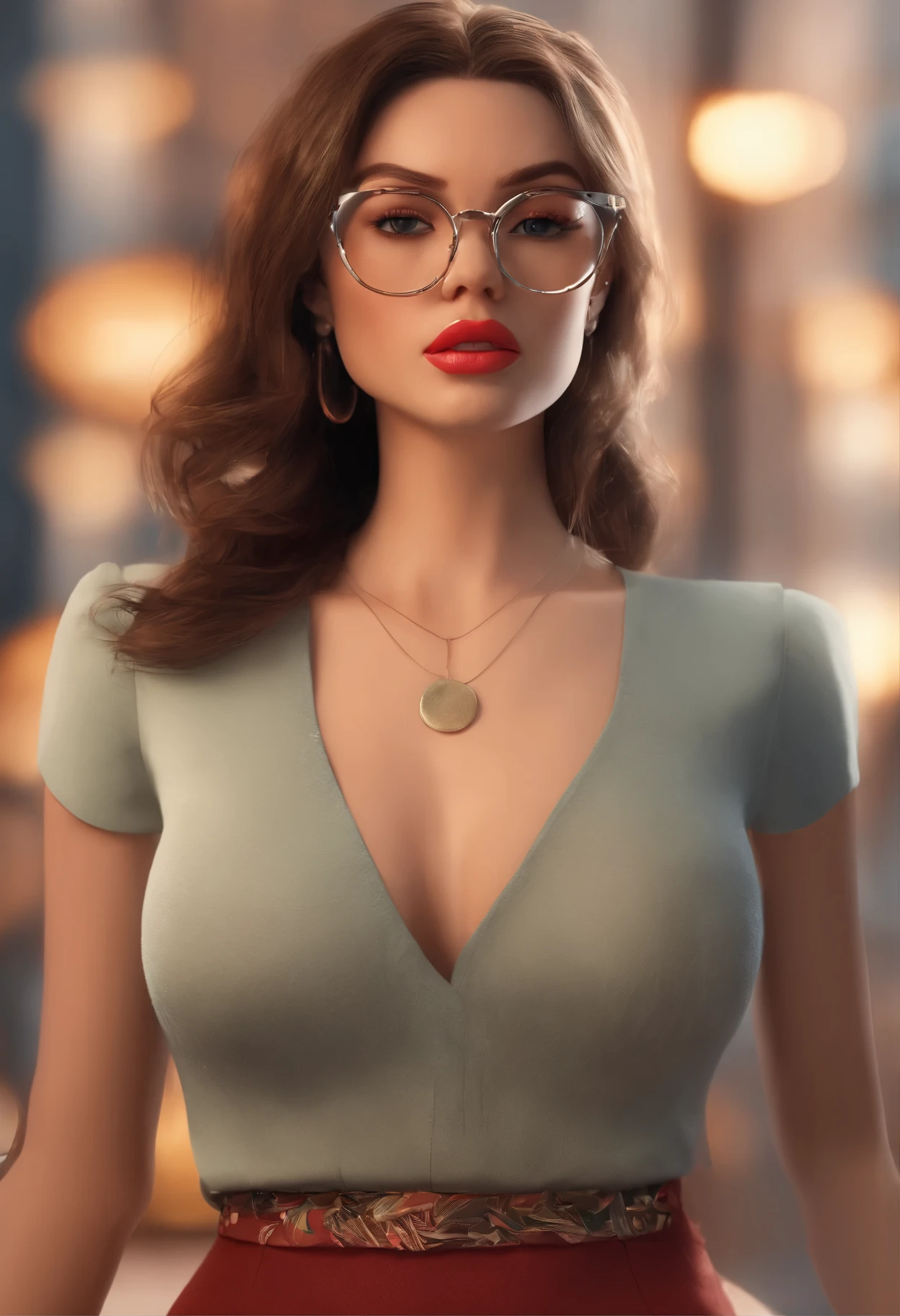 photo of a stunningly beautiful woman, oval face, babe face, symmetrical face, scandinavian woman aged 23, white skin, with beautiful eyes, messy dark hair, tall and sexy, (deep shadows:1.1), natural makeup, medium round breasts, glasses, loose linen shirt,( cleavage:1.5), short skirt, thighs, studio light, gradient blue background, warm light right over her head, model photoshoot, red lips, hand on glasses, mouth open, from front, intricate details, sharp focus, photography, photorealism, photorealistic, soft focus, volumetric light, (intricate details), (hyperdetailed), high detailed, lot of details, high quality, raytracing, subsurface scattering, film, bokeh, professional, 4k, highly detailed