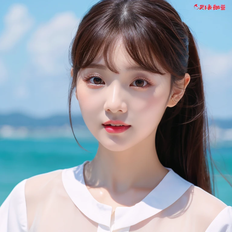 Delicate facial features Bangs Brown ponytail Messy hair Hair is very realistic Wearing a short-sleeved white shirt Background is sky Sea view Du Qiong Exquisite makeup Thin red lips Big eyes Double eyelids Black hole Bright eyes Symmetrical face Face is very realistic Girl&#39;s face carefully painted Blushing Super high-looking Looking at the audience Highly realistic skin Sebum reflection Artwork Clothes with real fabric texture Photorealistic painting Movie style Photographic level Ray tracing Realistic light and shadow effects Realism Masterpiece Like the photo effect above 8K highest quality is full