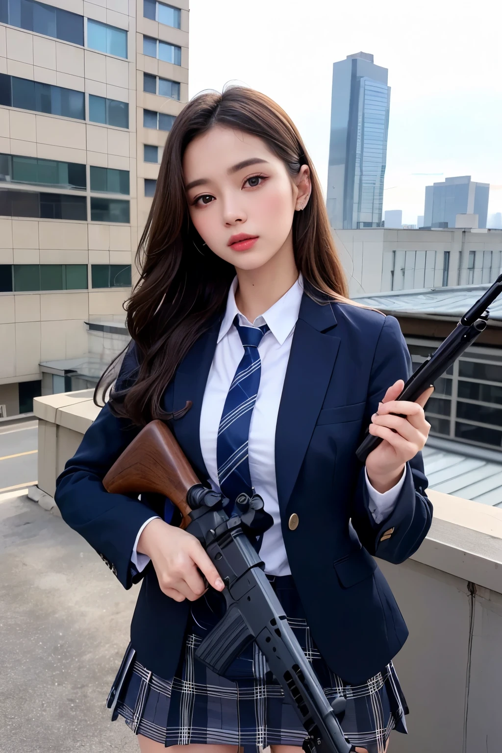 1womanl、(Super beautiful)、(beauitful face:1.5)、(A detailed face)、is standing、(high-school uniform)、Dark blue jacket、white shirt、neck tie、Plaid mini skirt、Brown hair、(Dark makeup)、(holding rifle)、(Aim your rifle:1.5)、h&K HK416、(On the roof of a high-rise building)