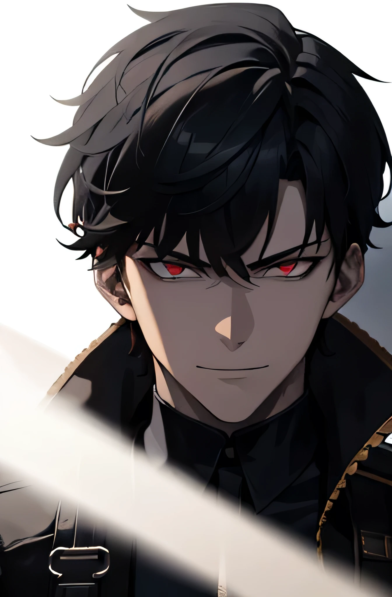 masterpiece, 8k, 32k, full hd quality, superior quality, maximum quality, play of lights and darkness, high quality shading effect, a young man, menacing look, evil countenance, red eyes, sarcastic smile, black hair, military style hairstyle, portrait, gaze fixed on the viewer and who's standing with the super natural dragon beast shadow