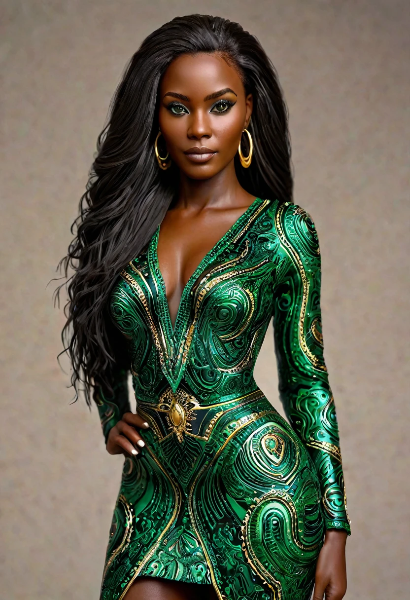 (((Femme noir africaine, peau couleur ébène noir intense et profond, peau parfaite, en mouvement,  marche, full body, cheffe d’entreprise, engineer, intelligente, directrice, scientifique))), ((best quality, extremely detailed:1.8, hyperRéaliste:1.5, photorealistic:1.5, grande profondeur de champ, vue de face, very beautiful 35 year old woman, Prise de vue en direct, robe tailleur de directrice)), ((femme debout, she has a serious pose, very long hair, black hair with gold and shiny green highlights, quelques mèches tressées, tresses africaine)), ((detailed black african woman face looking at camera, yeux verts claire électrique, cheffe d’entreprise,  feline silhouette)), (photorealistic), sharp eyes, poitrine push-up, very thin waist, jambes longues, longues jambes,  fine and detailed hands, detailed hairstyle, very long hair,  femme charismatique, charisme, charismatique, sparkling eyes, cheffe d’entreprise, engineer, intelligente, directrice, scientifique, 