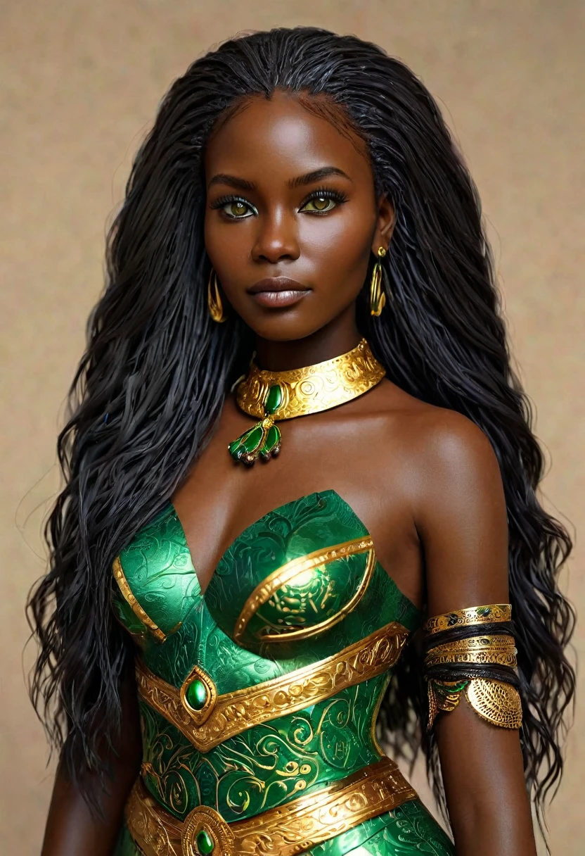 (((Femme noir africaine, peau couleur ébène ???? intense et profond, peau parfaite, en mouvement,  marche, full body, cheffe d’entreprise, engineer, intelligente, directrice, scientifique))), ((best quality, extremely detailed:1.8, hyperRéaliste:1.5, photorealistic:1.5, grande profondeur de champ, vue de face, very beautiful 35 year old woman, Prise de vue en direct, robe tailleur de directrice)), ((femme debout, she has a serious pose, very long hair, black hair with gold and shiny green highlights, quelques mèches tressées, tresses africaine)), ((detailed black african woman face looking at camera, yeux verts claire électrique, cheffe d’entreprise,  feline silhouette)), (photorealistic), sharp eyes, poitrine push-up, very thin waist, jambes longues, longues jambes,  fine and detailed hands, detailed hairstyle, very long hair,  femme charismatique, charisme, charismatique, sparkling eyes, cheffe d’entreprise, engineer, intelligente, directrice, scientifique, 