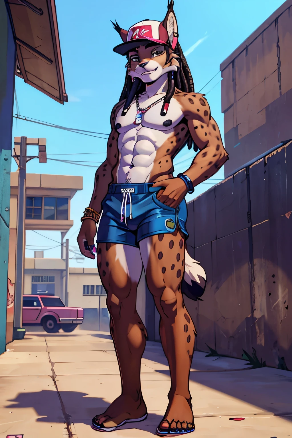 Toned muscles lynx, African, handsome, with black nipples, male, femboy, topless, shorts, hip hop, 1990s, ghetto, Grand_Theft_Auto, GTA, backwards_hat, barefoot, girly, long wild dreadlocks