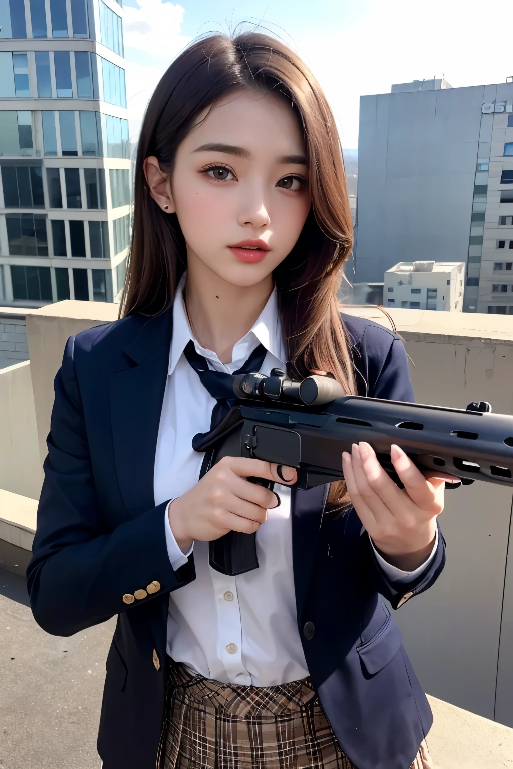 1womanl、(Super beautiful)、(beauitful face:1.5)、(A detailed face)、is standing、(high-school uniform)、Dark blue jacket、white  shirt、neck tie、Plaid mini skirt、Brown hair、(Dark makeup)、(holding rifle)、(Aim your rifle:1.5)、h&K HK416、(On the roof of a high-rise building)