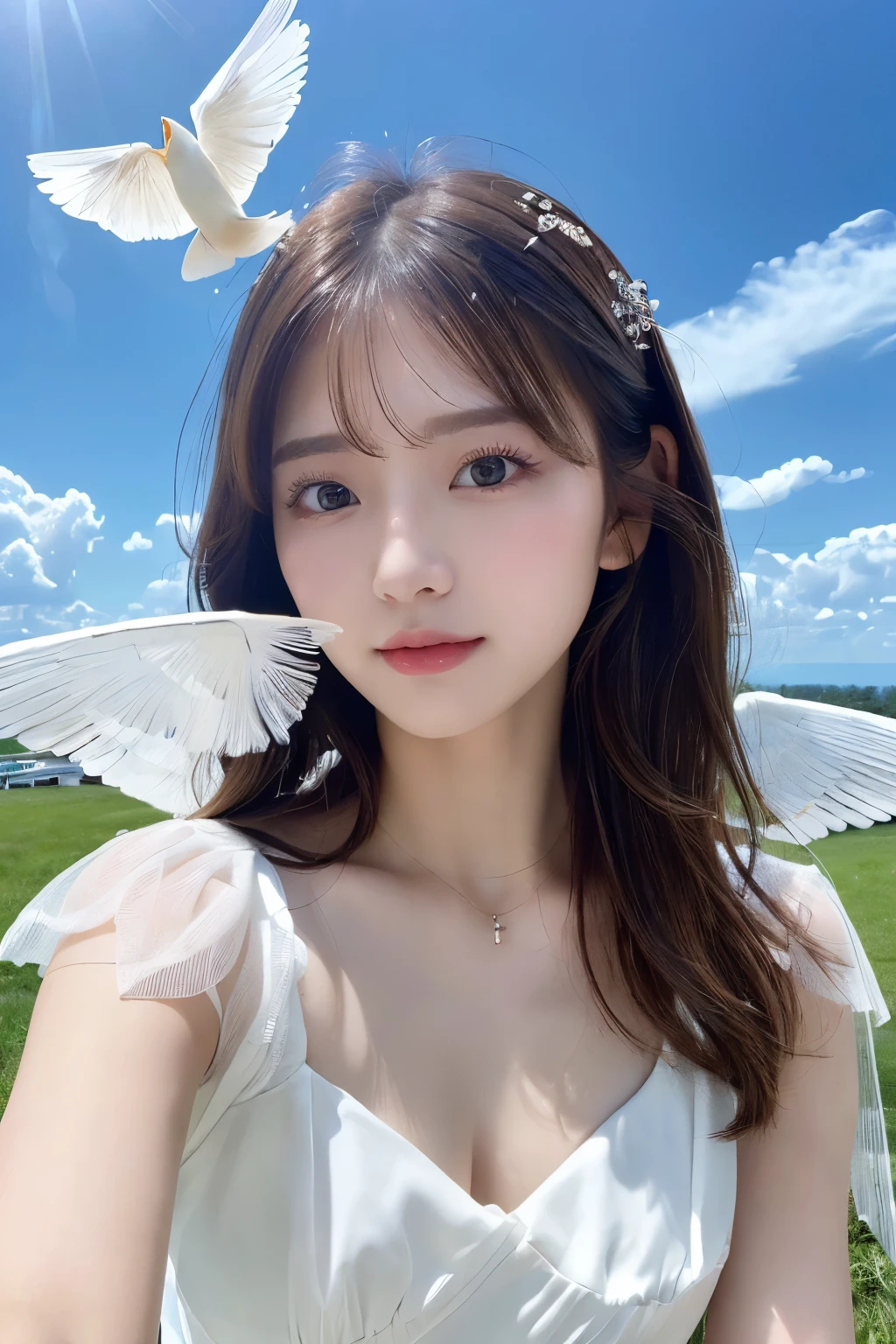 (((masterpiece、high resolution、high quality、Ultra-high resolution、Delicate、sunlight)))1 female、Brown hair long、White ring on head、Dense lips、((Angel、White Wings、White Feather、White Dress))、Above the Clouds、blue sky、太陽のsunlight