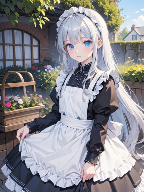 masterpiece, highest quality, Very detailed, 16k, Ultra-high resolution, 12 year old girl, Detailed face, blue eyes, Silver Hair, Long Hair, Black maid outfit, blue sky, garden, Clothesline, Sheets, laundry, dry