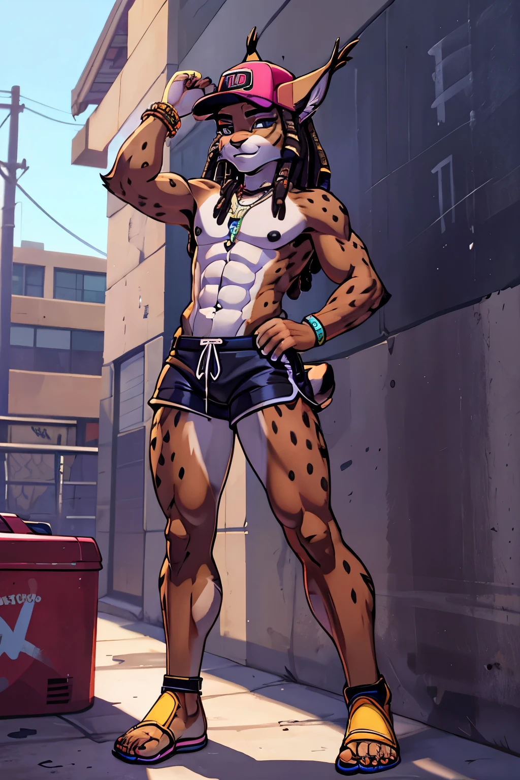 Toned muscles lynx, African, handsome, with black nipples, male, femboy, topless, shorts, hip hop, 1990s, ghetto, Grand_Theft_Auto, GTA, backwards_hat, barefoot, girly, long wild dreadlocks