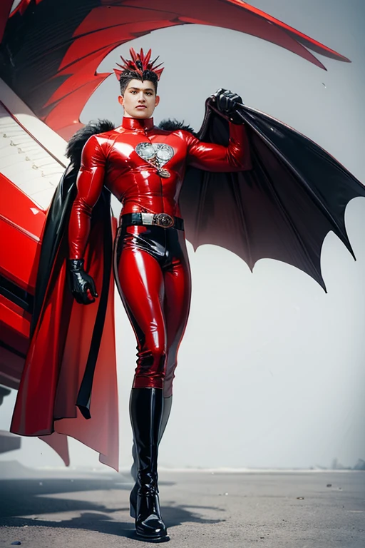 full Body photorealistic handsome Hunky Ravena, wearing black and red tight fit latex spandex with boots and gloves. with wide massive detailed wings and headdress