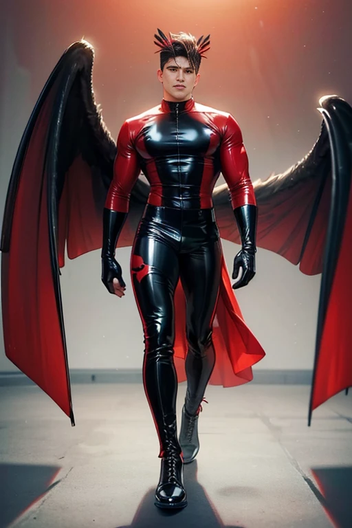 full Body photorealistic handsome Hunky Ravena, wearing black and red tight fit latex spandex with boots and gloves. with wide massive detailed wings and headdress
